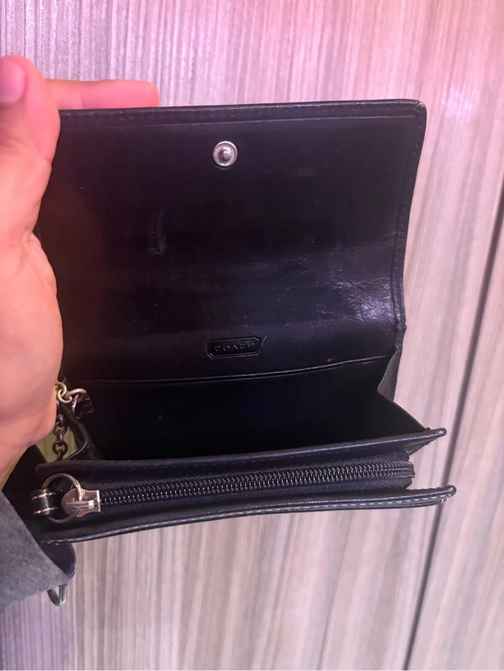 Coach Black Leather Key Wallet with Chain Clip